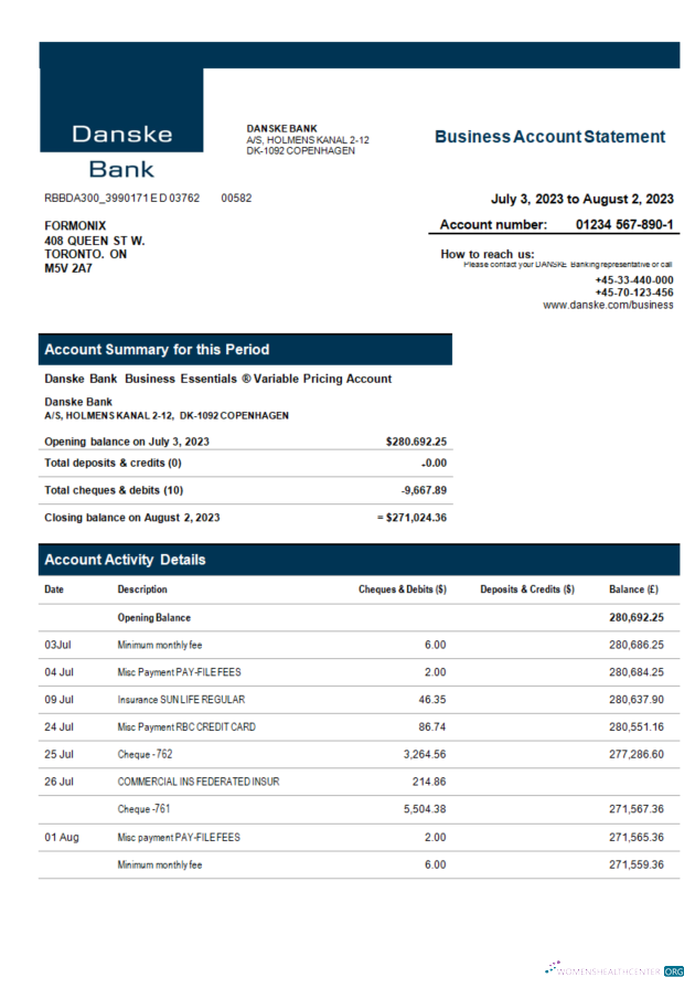 Download Danske Bank enterprise statement Word and PDF template Photoshop template